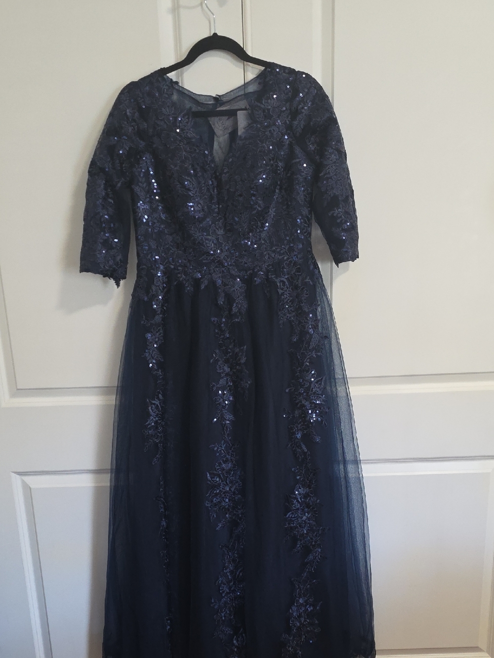 Navy Sequin Lace A-Line Evening Gown
